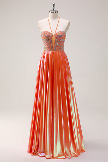 Glitrende orange A-linje halter beaded metallisk lang gallakjole